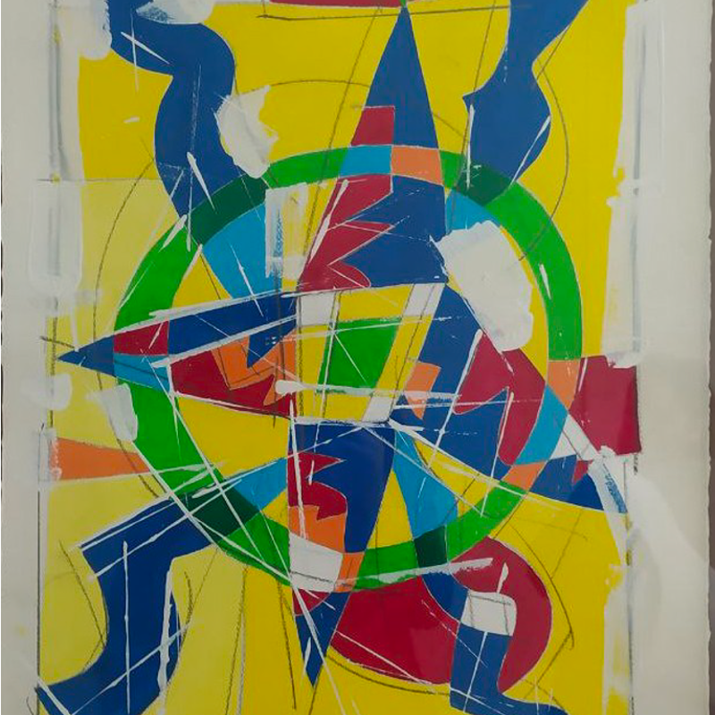 Opera astratta dai colori vivaci. Su uno sfondo giallo, un grande cerchio verde interseca forme geometriche blu, rosse e arancioni.